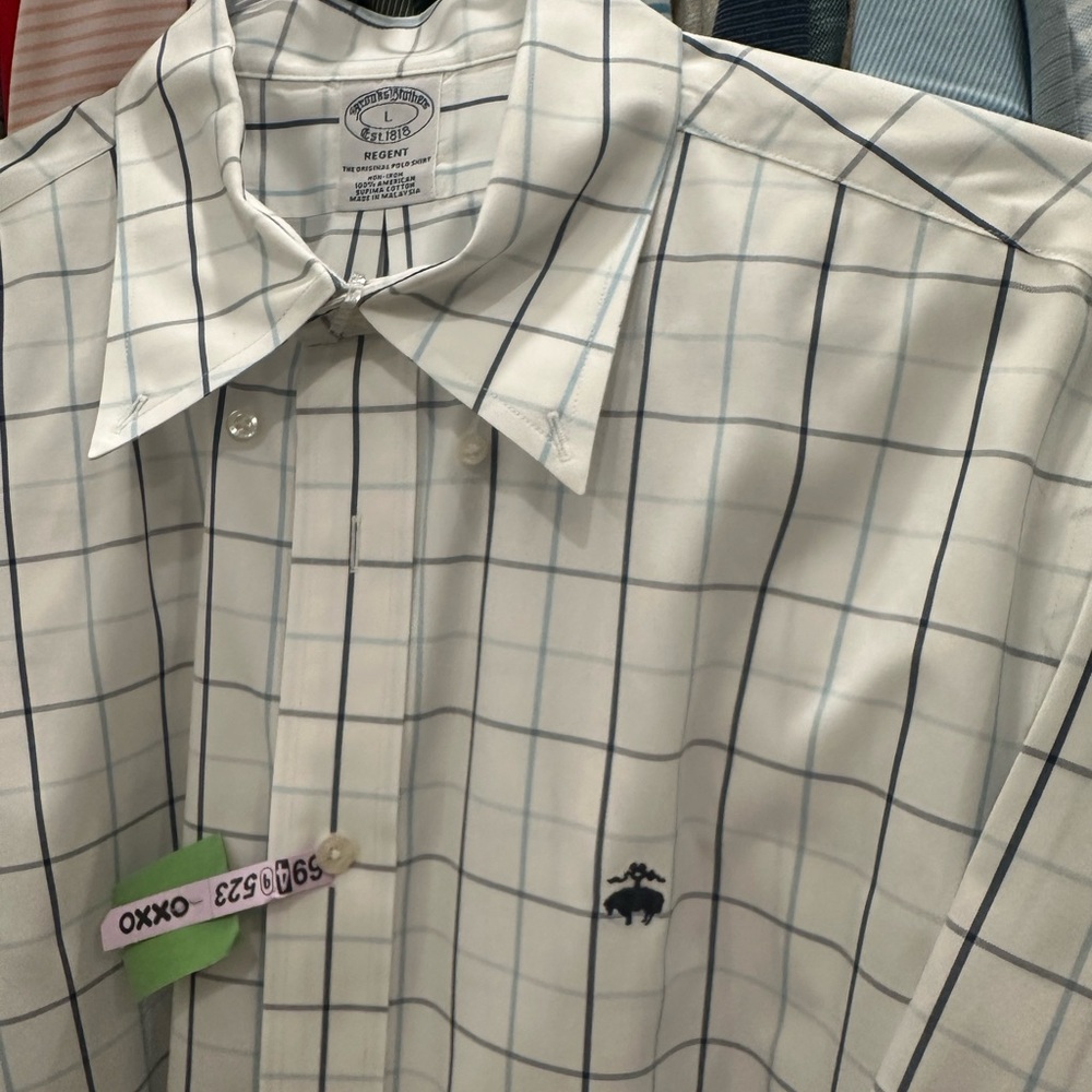 Brooks Brothers White and Blue Dress Shirt with Windowpane Pattern